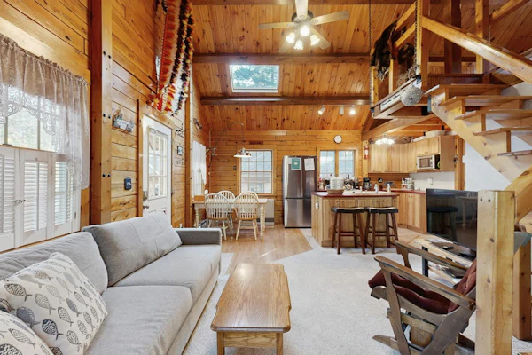 Cozy cabin with covered porch, firepit, grill, fireplace, & washer/dryer