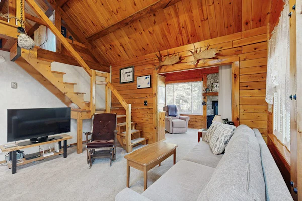 Cozy cabin with covered porch, firepit, grill, fireplace, & washer/dryer