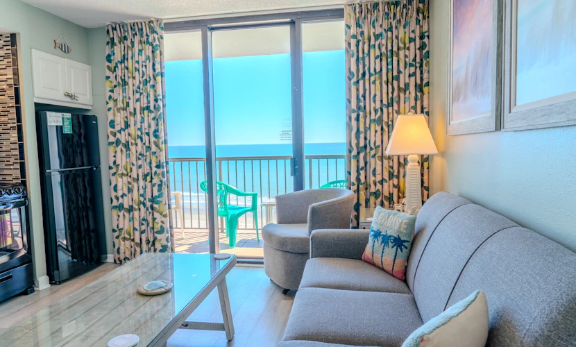 The search for your next vacation stops here! Check out this 9th floor, direct oceanfront, 1-bedroom condo located at Beach Colony Resort in Myrtle Beach, SC. This condo is fully furnished with 2 queen sized beds, a sleeper sofa, and will comfortably accommodate 6 guests.