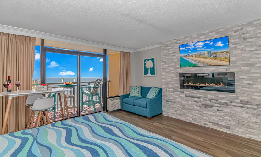 This is an absolutely incredible, completely renovated luxury romance suite located at the Caravelle Resort in Myrtle Beach, SC. The search for your next vacation stops here! Check out this 14th-floor, direct oceanfront studio apartment. The condo is fully furnished, and the layout accommodates 2-3 guests.