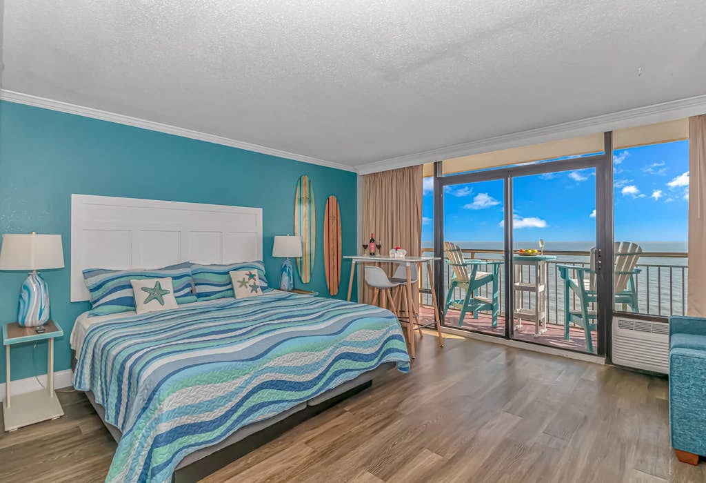 This is an absolutely incredible, completely renovated luxury romance suite located at the Caravelle Resort in Myrtle Beach, SC. The search for your next vacation stops here! Check out this 14th-floor, direct oceanfront studio apartment. The condo is fully furnished, and the layout accommodates 2-3 guests.