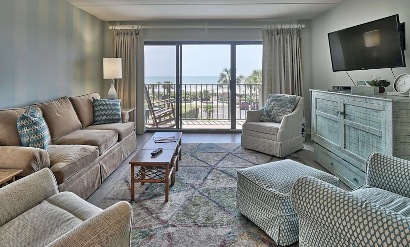 The search for your next vacation stops here! Check out this 3rd floor, 2 bedroom, 2 bathroom apartment in Myrtle Beach, SC. This condo is conveniently located along the Golden Mile of Myrtle Beach; arguably the most highly sought-after area of Myrtle Beach! Our condo is less than a 10 minute drive to the Myrtle Beach International Airport, Top Golf, and many other tourist attractions. This apartment offers gorgeous oceanfront views, beach access directly across the street from the complex, outdoor pool, spacious living area, oversized balcony, and so much more!