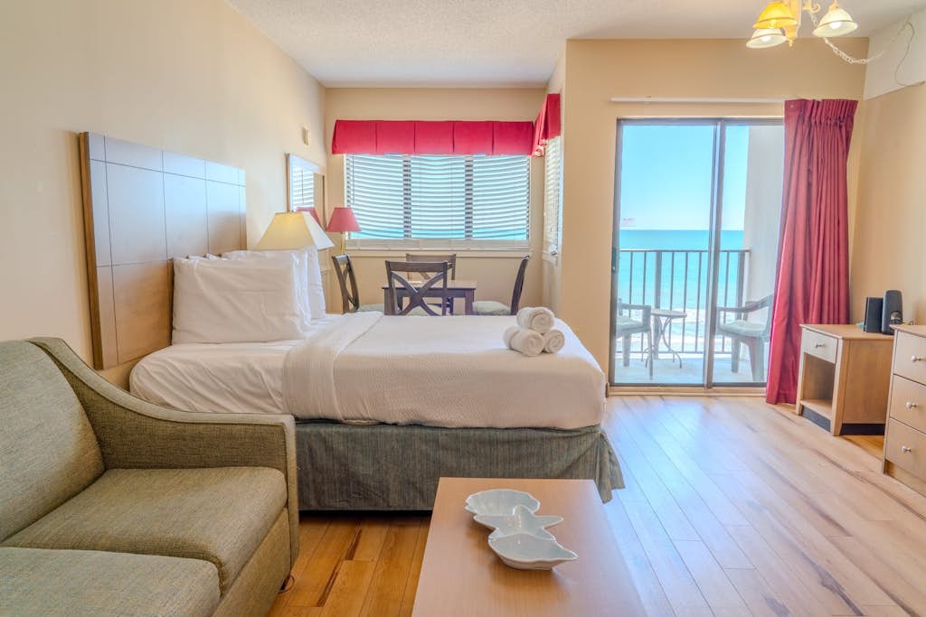 Your next vacation starts here! Step into this charming 4th-floor, direct oceanfront studio at The Palace Resort in Myrtle Beach. Fully furnished for your comfort, it features 1 queen-size bed and 1 queen sleeper sofa, providing the perfect space for up to 4 guests to unwind and relax by the sea.