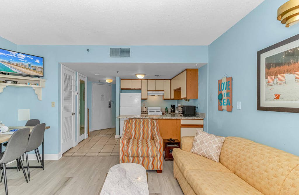 The search for your next vacation stops here! Check out this 2nd floor, ocean view studio apartment at The Palace Resort in Myrtle Beach (no need to wait for the elevator). Watch and listen to the waves on a very private balcony as if they are under your feet. This apartment is fully and warmly furnished with 1 queen-size bed, and 1 queen sleeper sofa. The layout of this rental will comfortably accommodate 4 guests.