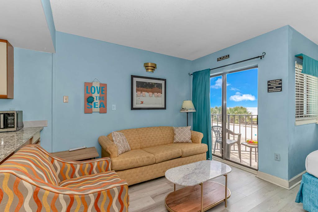 The search for your next vacation stops here! Check out this 2nd floor, ocean view studio apartment at The Palace Resort in Myrtle Beach (no need to wait for the elevator). Watch and listen to the waves on a very private balcony as if they are under your feet. This apartment is fully and warmly furnished with 1 queen-size bed, and 1 queen sleeper sofa. The layout of this rental will comfortably accommodate 4 guests.
