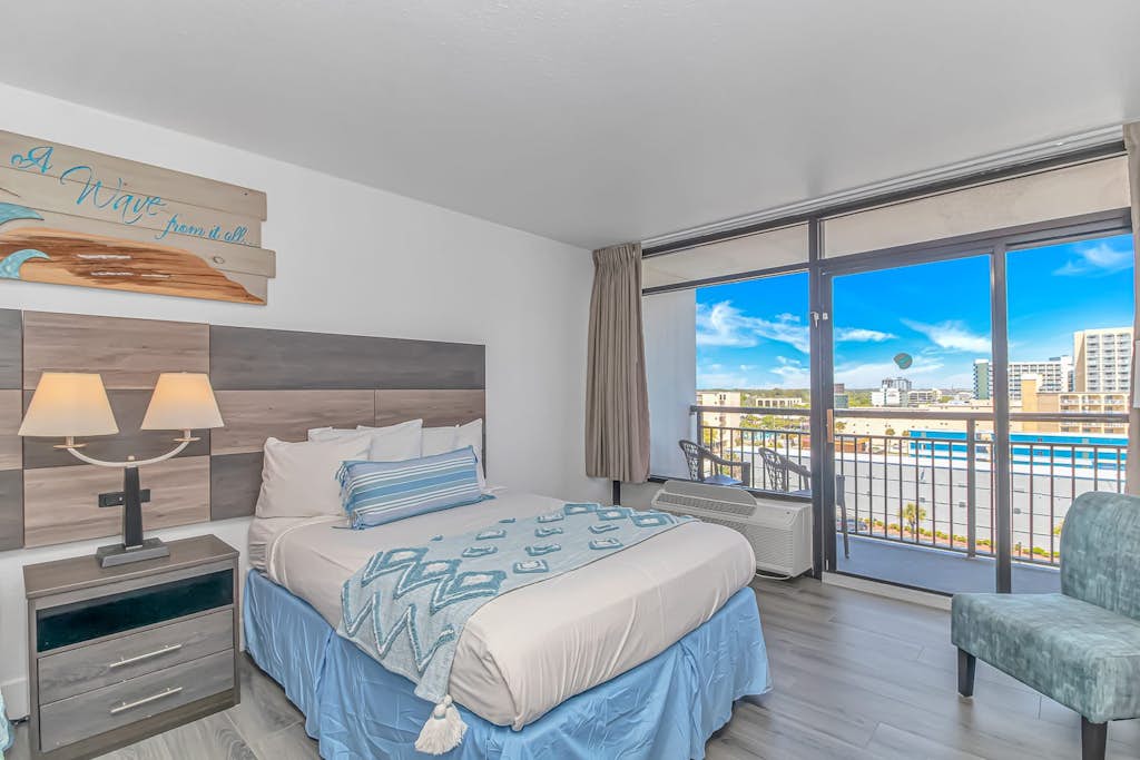 If you're looking for a nice, clean vacation rental, look no further! Check out this 9th floor, ocean view condo at the Landmark Resort in Myrtle Beach. This studio is fully furnished with 2 full size beds and will comfortably accommodate 4 guests. This unique layout offers oversized living space for our guests. Other rentals at the resort are much smaller, but this layout features an open floor plan and doesn't feel cramped! Guests will have access to a private balcony with views of the Atlantic Ocean and outdoor pools!