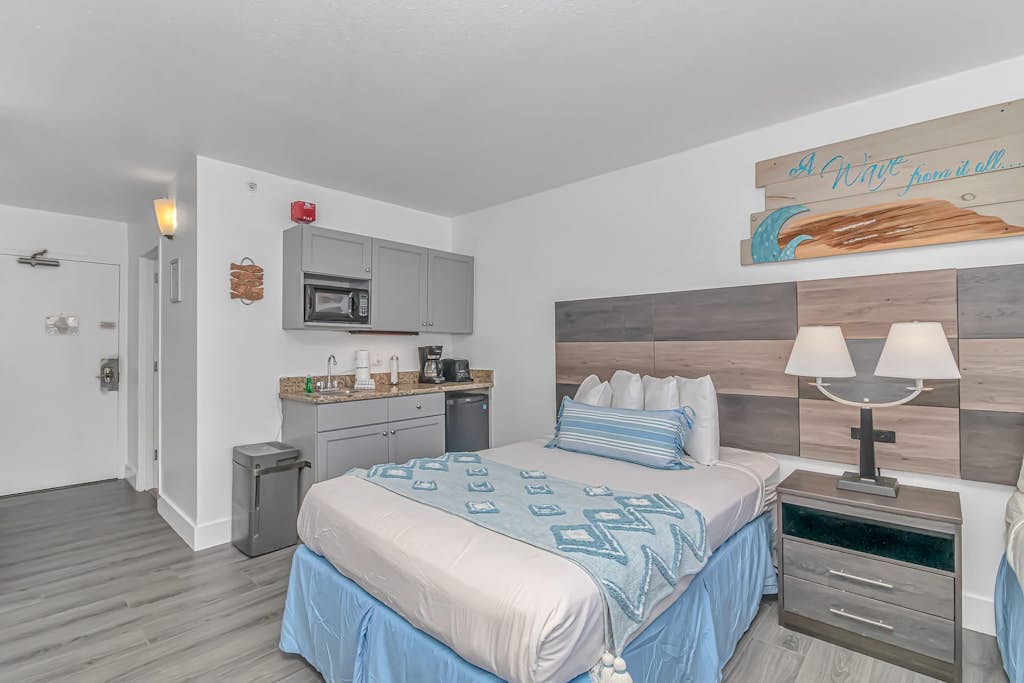 If you're looking for a nice, clean vacation rental, look no further! Check out this 9th floor, ocean view condo at the Landmark Resort in Myrtle Beach. This studio is fully furnished with 2 full size beds and will comfortably accommodate 4 guests. This unique layout offers oversized living space for our guests. Other rentals at the resort are much smaller, but this layout features an open floor plan and doesn't feel cramped! Guests will have access to a private balcony with views of the Atlantic Ocean and outdoor pools!