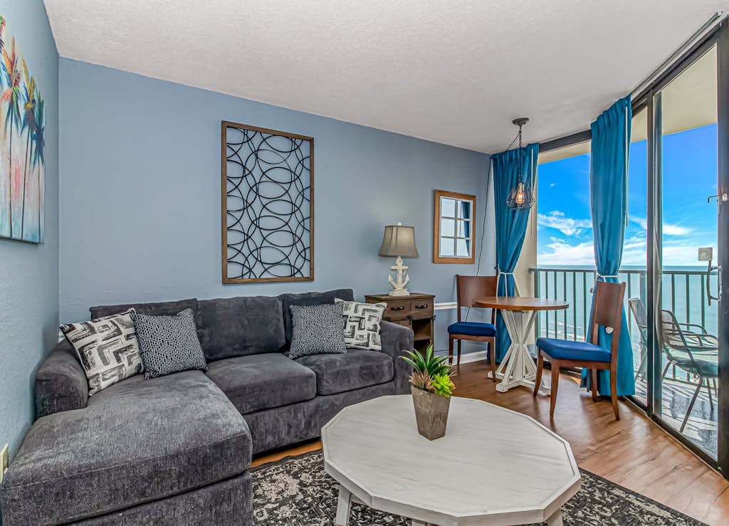 Check out this direct oceanfront, 1-bedroom condo located at the Sand Dunes Resort in Myrtle Beach, SC. This condo is fully furnished with everything you will need and features beautiful flooring and decor. Many condos have carpeting, but this unit has been nicely updated with laminate flooring. This condo includes one new king size bed, one sleeper sofa, and will accommodate up to 4 guests comfortably.