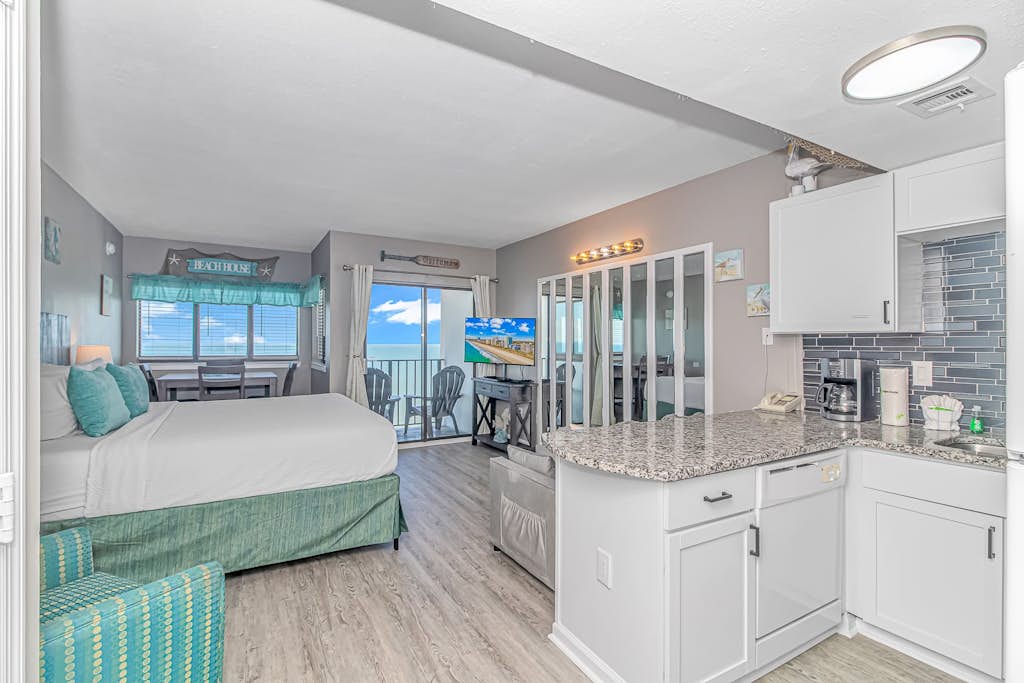 The search for your next vacation stops here! Check out this 21st floor oceanfront 2-bedroom, lockout style apartment at The Palace Resort in Myrtle Beach. These oceanfront condos are fully furnished with 1 king sized bed, 1 queen size bed and 2 queen-size sleeper sofas. The layout of this rental will comfortably accommodate 8 guests. This unit has two main entrances, featuring a studio in room 2101, and a studio in room 2102. These 2 units are located right next to each other! Guests love the privacy that this apartment offers! Please be advised that there is not an interior adjoining door, and both units will have their own private access.