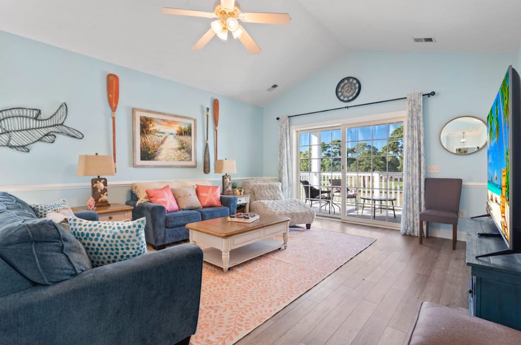 The search for your next vacation stops here! Check out this top floor condo at 4809 Magnolia Pointe in Myrtle Beach. This 3 bedroom condo is fully furnished with 2 twins, 1 full, 1 king bed, 1 sleeper sofa and will comfortably accommodate 8 guests. This condo offers a spacious living area with a couch, love seat, accent chair, TV with Roku, coffee table, and great views of the golf course from the private balcony right off the living area.