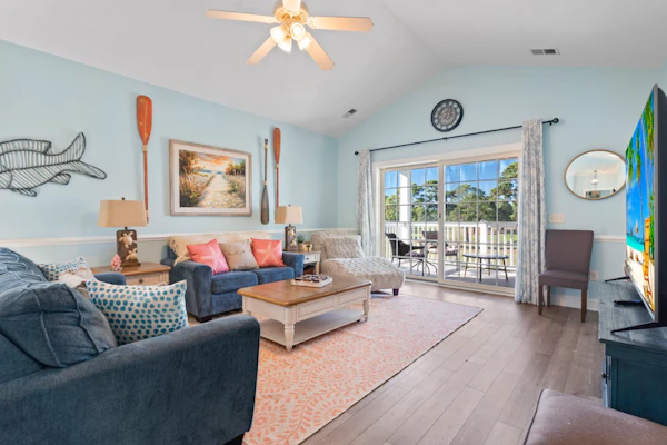The search for your next vacation stops here! Check out this top floor condo at 4809 Magnolia Pointe in Myrtle Beach. This 3 bedroom condo is fully furnished with 2 twins, 1 full, 1 king bed, 1 sleeper sofa and will comfortably accommodate 8 guests. This condo offers a spacious living area with a couch, love seat, accent chair, TV with Roku, coffee table, and great views of the golf course from the private balcony right off the living area.