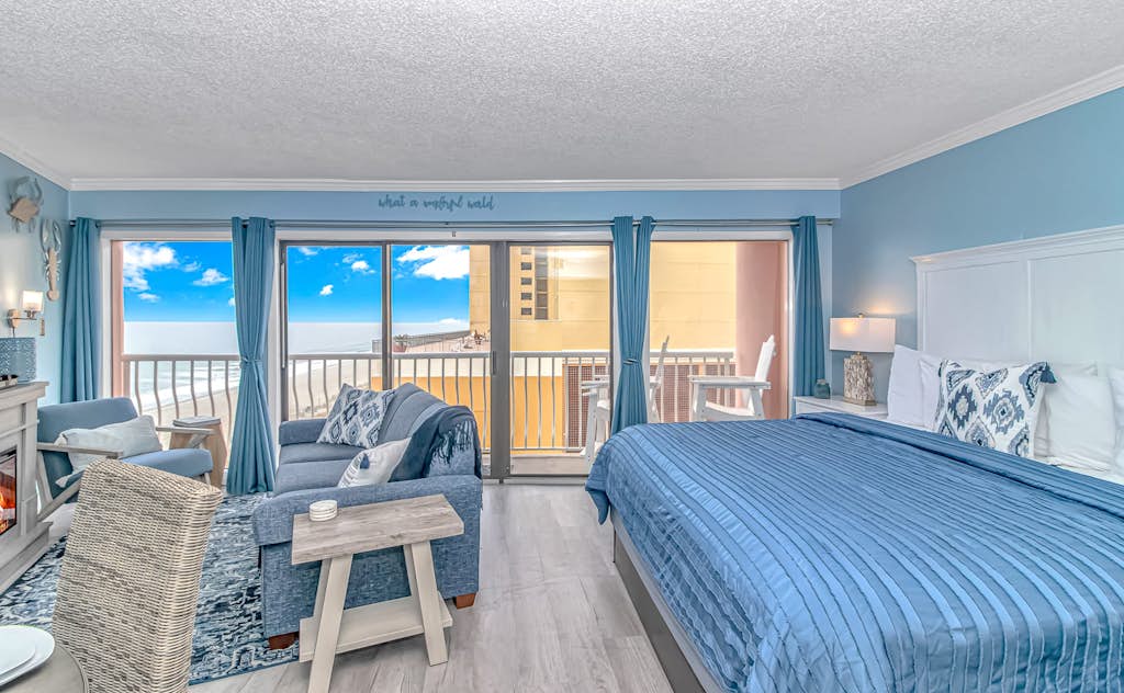 Discover your next getaway at this stunning oceanfront one bedroom at The Caravelle Resort in the landmark, St. Clements building. The historic "Pink Building" has a most unique shape offering a wide open floor plan with stunning views from the floor to ceiling windows and your private 19' balcony where the sunsets are a favorite. Through out you will enjoy a crisp clean, newly furnished space designed for relaxing and enjoying "The Golden Mile", the best Myrtle Beach has to offer.