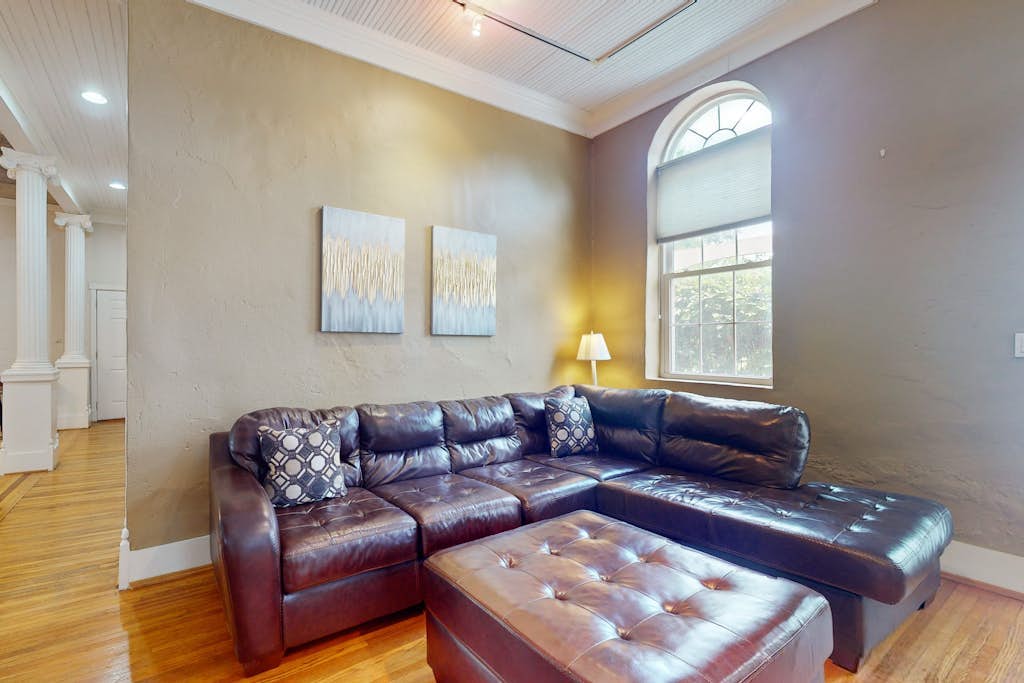Relax riverside at this serene mountain getaway, complete with modern comfort.