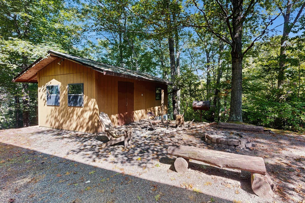 Rustic cabin with deck, picnic table & hot tub - recreation room in basement