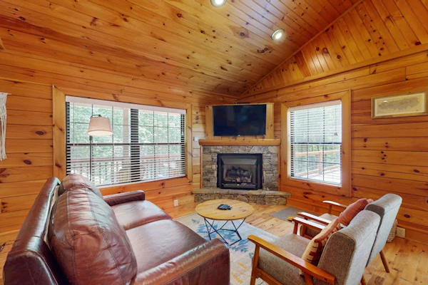 Snuggly, dog-friendly cabin w/ free WiFi, a gas fireplace, firepit, central A/C