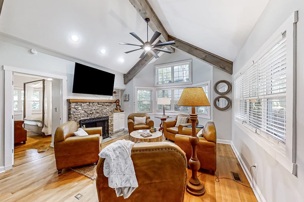 Dog-friendly home with private deck, outdoor fireplace, & immaculate interior