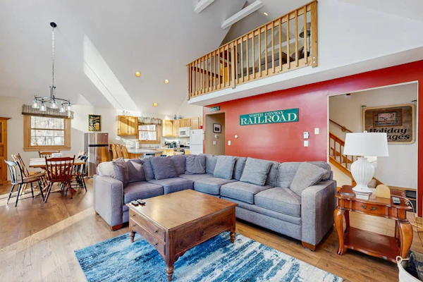 Open concept home close to the beach with gas fireplace and deck