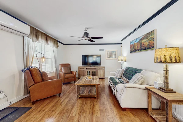 Riverfront, dog-friendly, mountain views, a/c, deck, ski nearby, gas stove, w/d