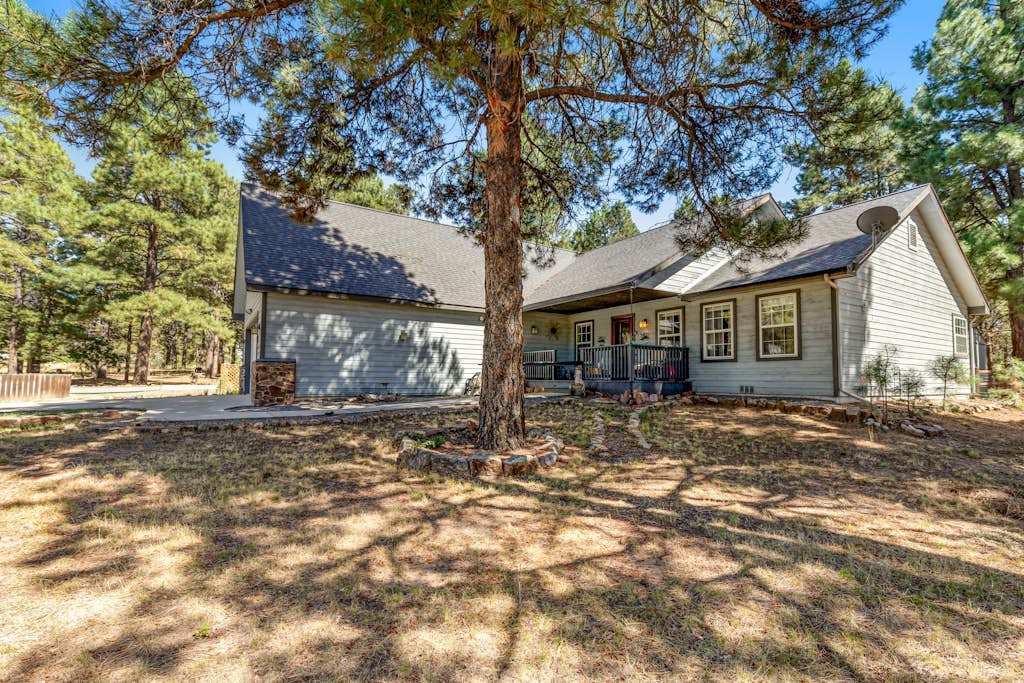 Dog-friendly home with yard, covered porch, fireplace, grill, & W/D