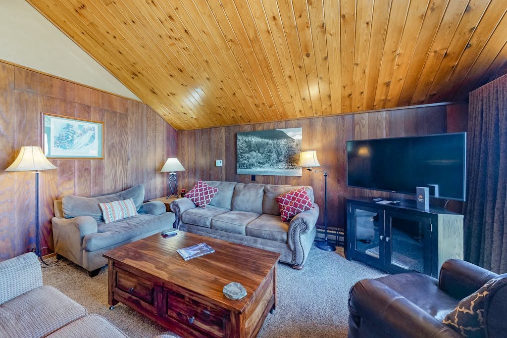 Ski-in/ski-out condo with lake and mountain views, woodstove