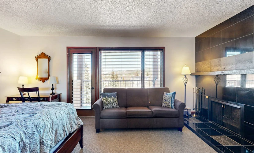 Riverfront studio with mtn view, balcony, & fireplace