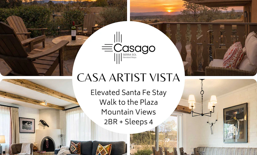Wake up to soft Santa Fe light, mountain views, and the feeling of being tucked into your own elevated retreat just a short walk from the Plaza. Casa Artist Vista is designed for an easy, elevated Santa Fe stay, with one king bedroom and one queen bedroom, and room to sleep four comfortably. This home echoes the warm Southwestern character, with beautiful indoor-outdoor spaces for slow mornings, sunset drinks, and relaxed evenings after exploring. This is the kind of Santa Fe getaway that feels refined, comfortable, and hard to leave.