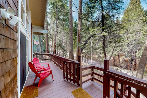 Dog-friendly cabin surrounded by trees and wildlife with fireplace & deck