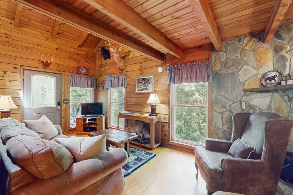 Studio cabin with wood-burning fireplace, hot tub & fireplace - near downtown