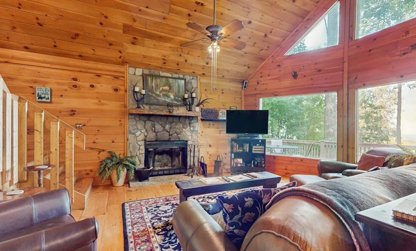 Inviting forest cabin with pool access & picture windows