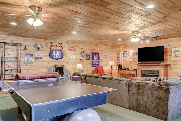 Dog-friendly cabin with mountain view, ping pong, pool table, fireplace, & W/D