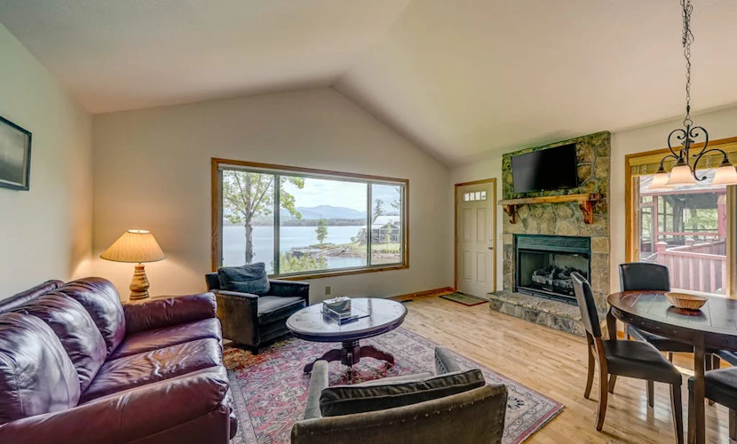 2 lakefront cabins with lake & mountain views, private dock