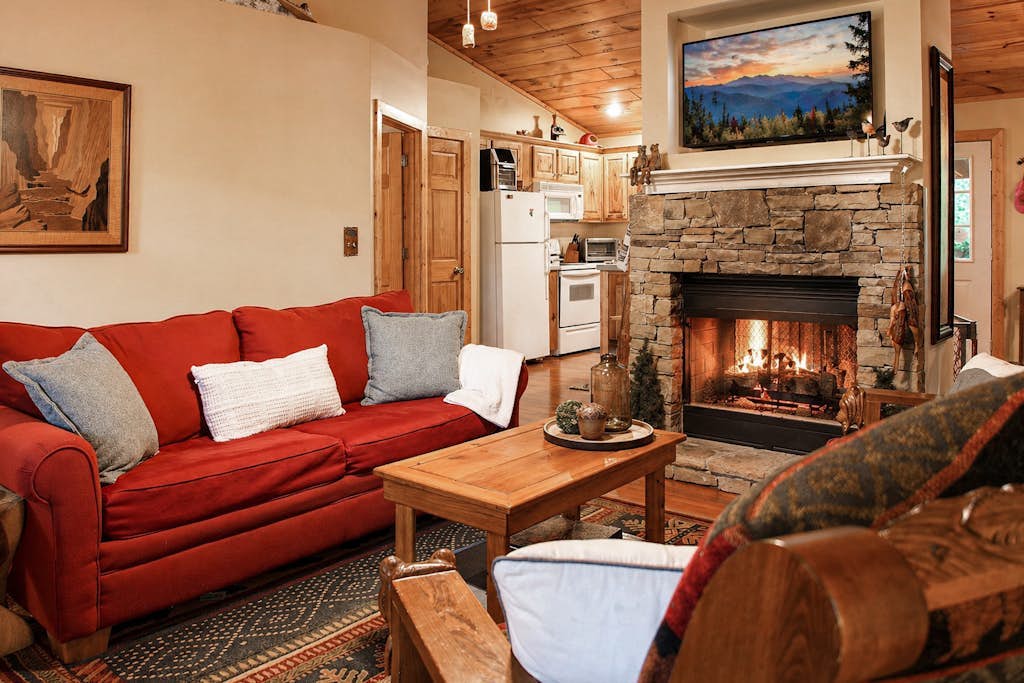 Rustic charmer w/ mountain views, fireplace, grill, yard-Dogs Welcome