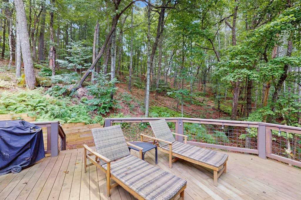 Secluded dog-friendly cabin with wood fireplace, mtn views, & expansive deck