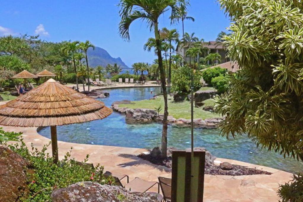 Corner hotel room with lanai, ocean views, outdoor pool, hot tub & grill