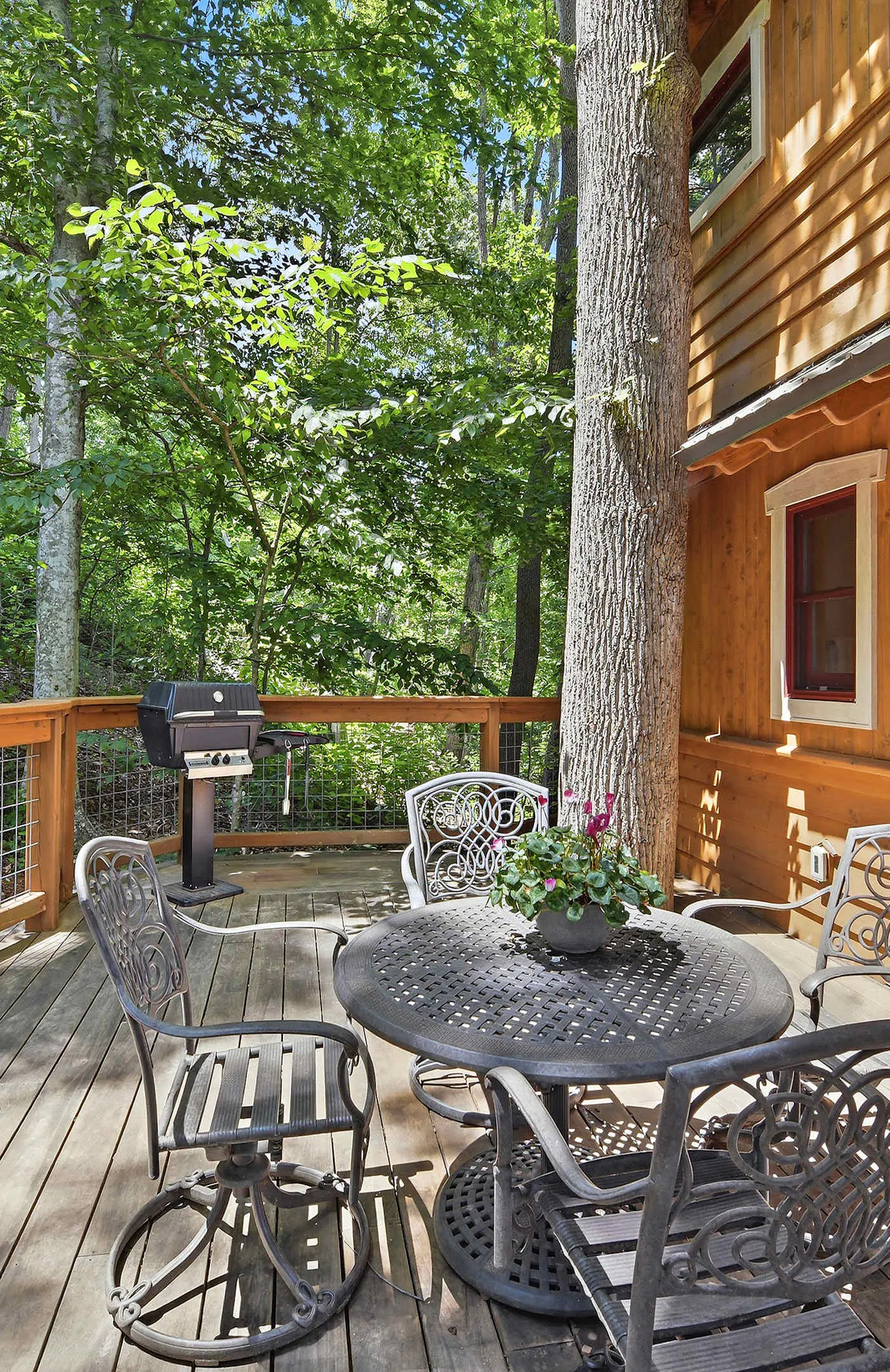 Luxury Treehouse, gas fireplace, BBQ, firepit, outdoor dining, shared creek access