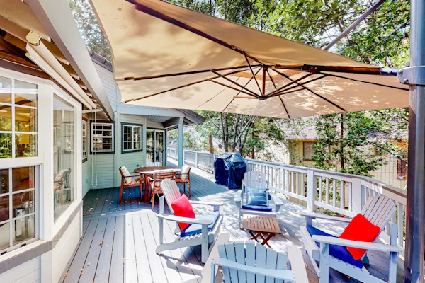 Secluded retreat with pool, nature views, patio, fireplace, & close to lake