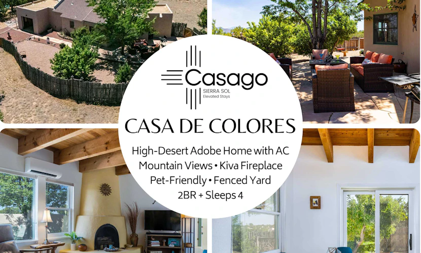 Casa de Colores is a charming high-desert retreat on over an acre just outside Santa Fe, with exposed wood beams, mountain views, and beautiful New Mexico sunrises and sunsets. Enjoy coffee on the shaded patio, comfortable interiors with AC, and a second living area. Sleeps 4 with 2 bedrooms, 2 baths, and is just 20 minutes from the Santa Fe Plaza. Traveling with a dog? The fully fenced yard even has a playful window at dog height.