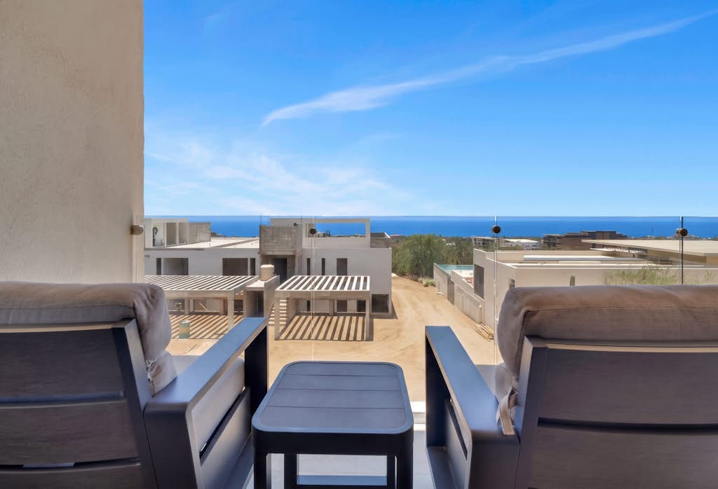 Enjoy this two-bedroom condo, thoughtfully designed with amazing ocean views
• One King bed, and two single beds
• Community Pool with ocean views and sun loungers
• Private balcony with outdoor furniture
• Business center
• Fitness center
• Fifteen minutes driving to Cabo San Lucas downtown
• Convenience stores nearby
• Pickle Ball courts nearby (not included)
• Fully equipped kitchen, smart TV, and AC
• 24/7 security and controlled access